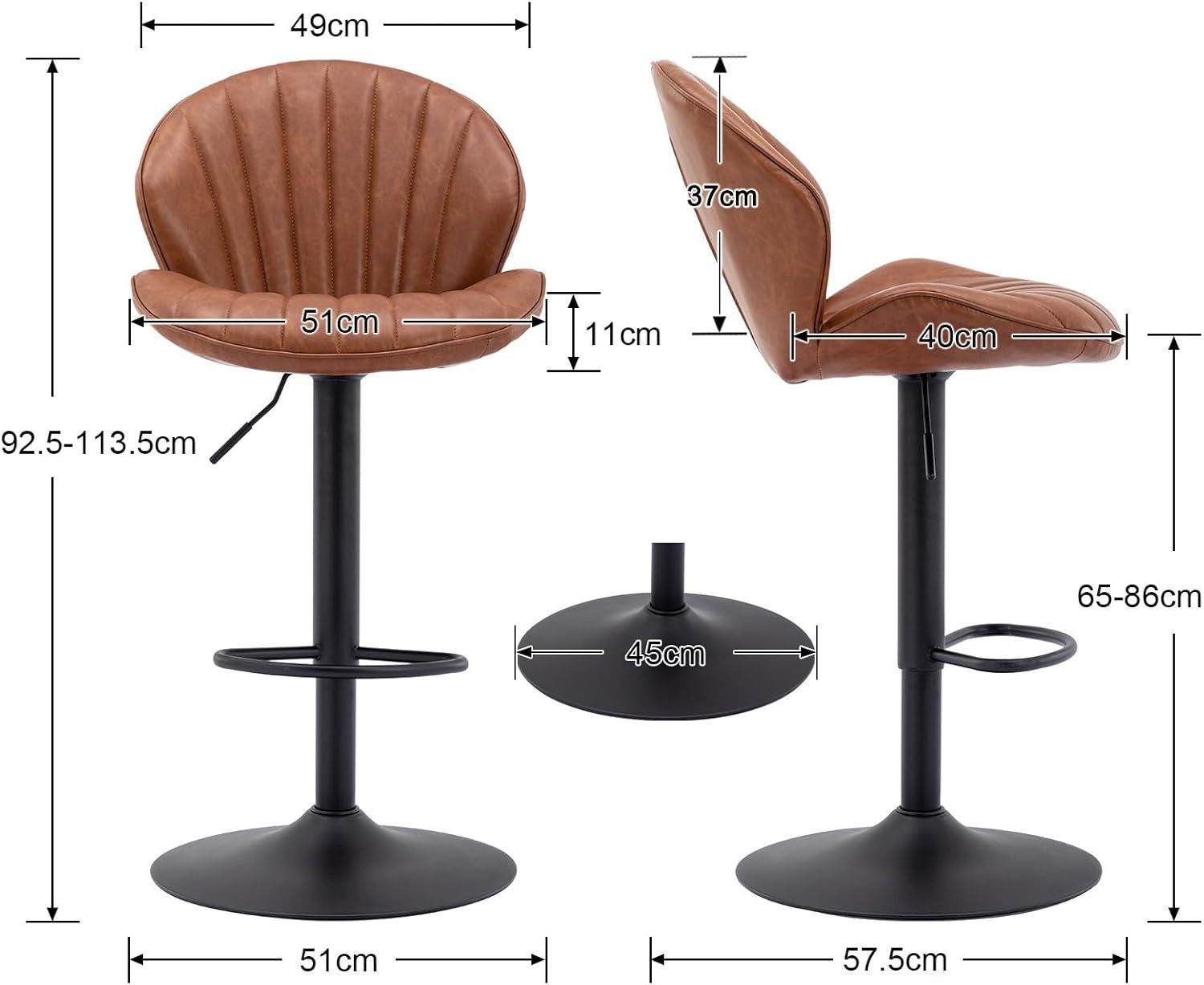 Brown PU Leather Swivel Bar Stools Set of 2 Adjustable Kitchen Counter Chairs