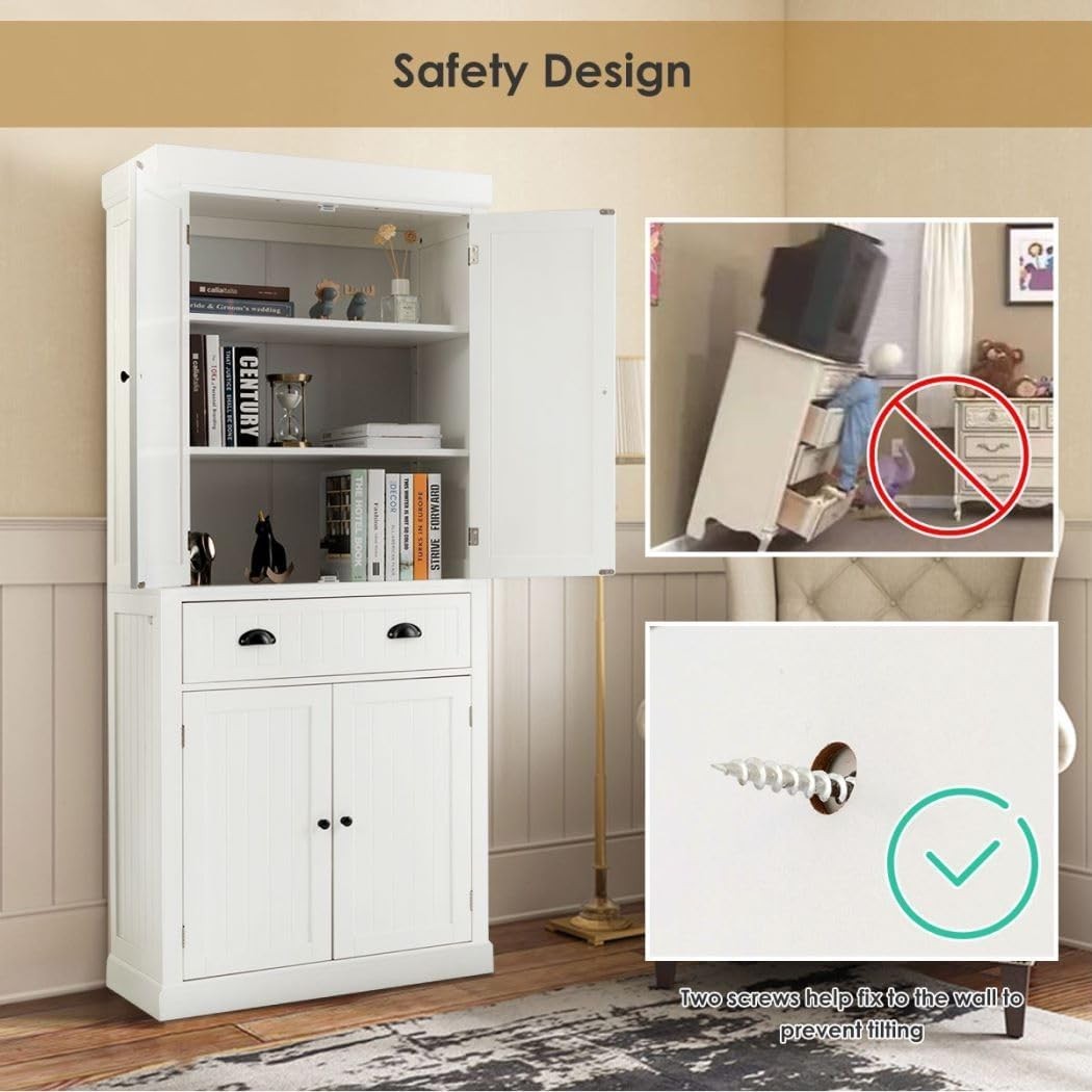 White Tall Kitchen Cupboard 4-Door Pantry Cabinet Drawer 183cm