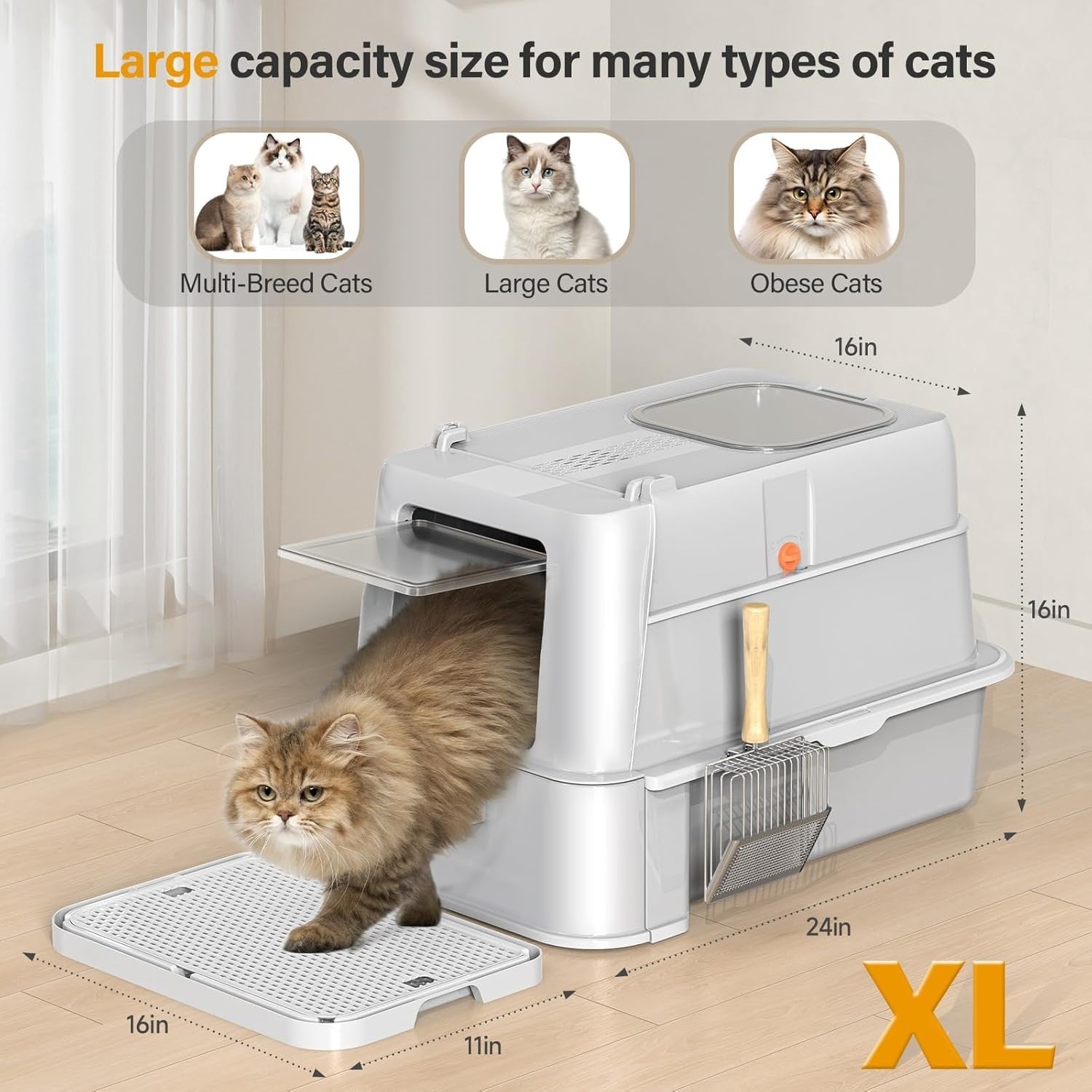 XL Stainless Steel Cat Litter Box Drawer Dual Entry Odor Control Grey