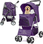 Purple Foldable Pet Stroller with Rain Cover Dog Buggy Small Medium Pets