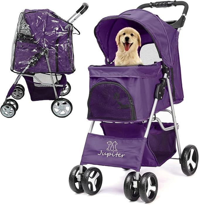 Purple Foldable Pet Stroller with Rain Cover Dog Buggy Small Medium Pets