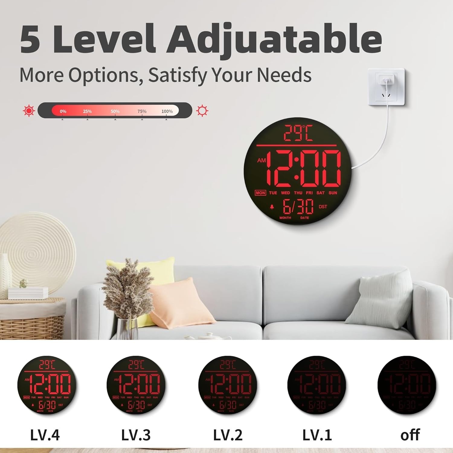 Red LED Digital Wall Clock 10 Inch Remote Control Night Light Display
