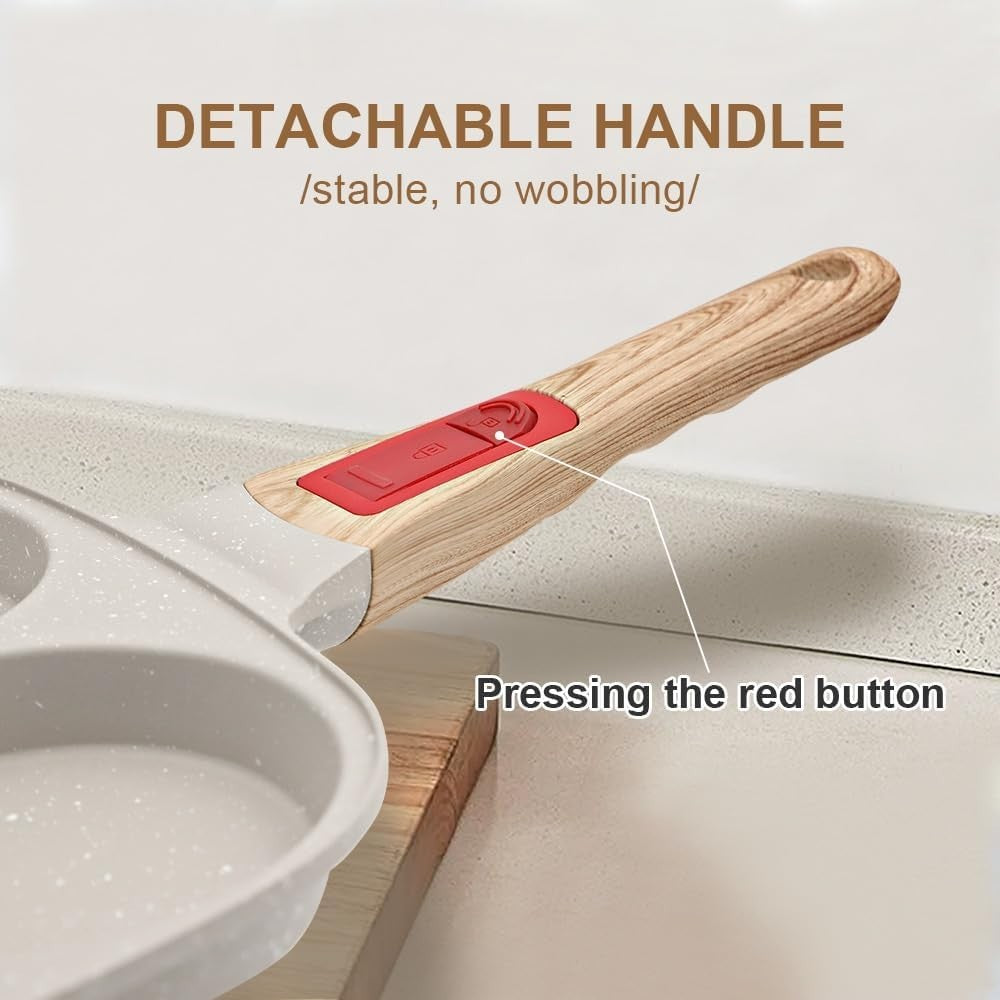 4-Cup Egg Pan Non-Stick Pancake Skillet w/ Lid & Detachable Handle White