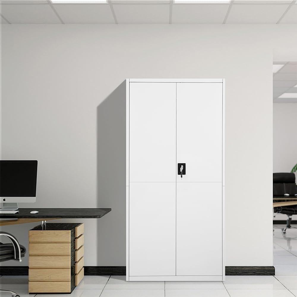 Tall Grey White Metal Storage Cabinet 2 Door Cupboard 5 Shelves 185cm