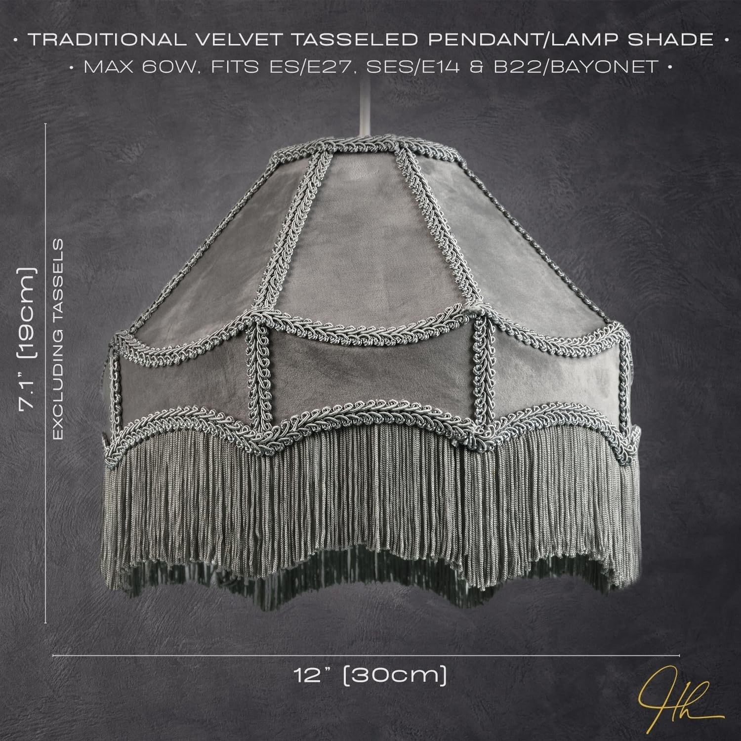 Victorian Empire Velvet Lampshade Dove Grey Tassel Pendant 30cm