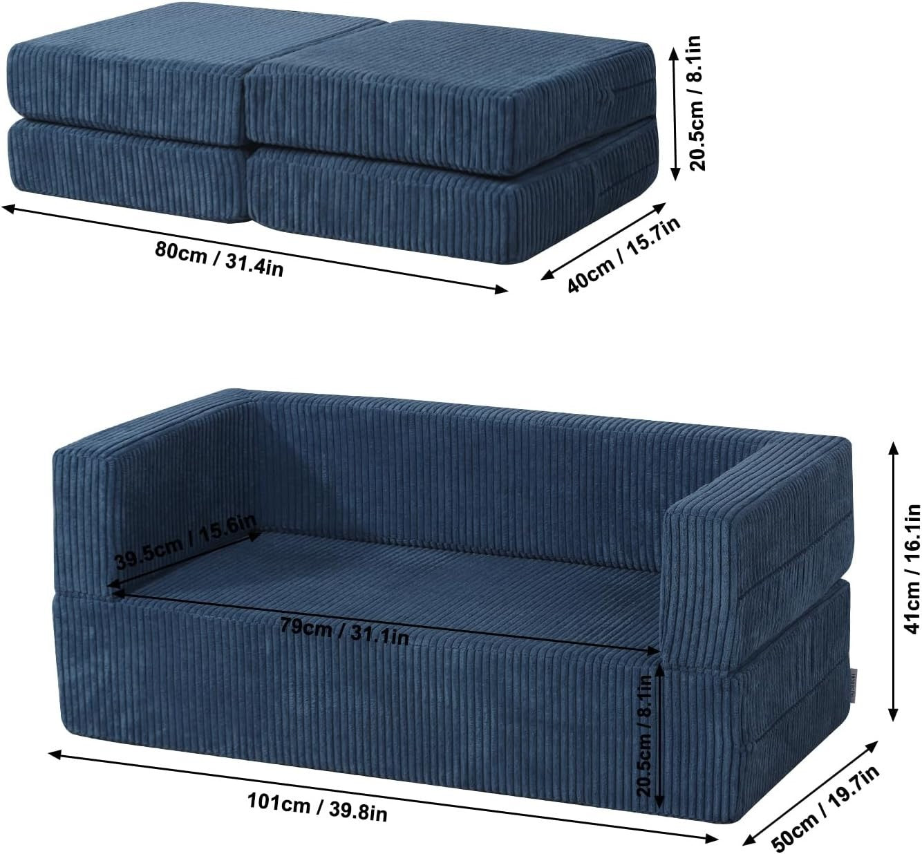 Kids Sofa Bed 2-Seater Foam Couch with Cushions, Versatile Play & Rest Blue