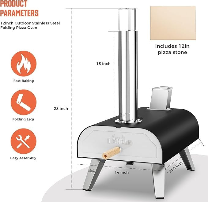 12" Outdoor Wood Fired Pizza Oven – Black Stainless Steel Pellet Pizza Maker