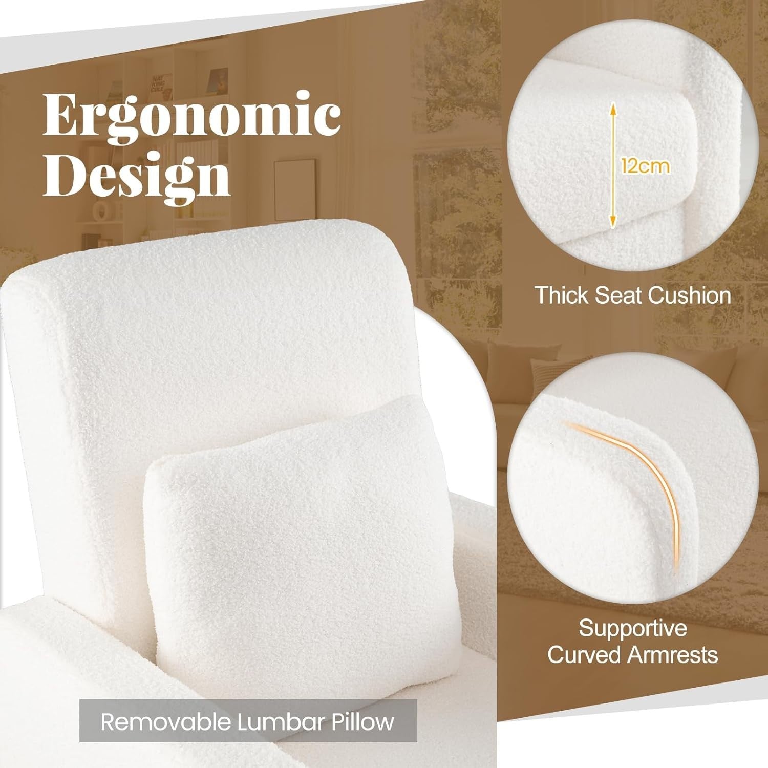 White Teddy Fleece Lounge Chair with Pillow for Bedroom or Living Room