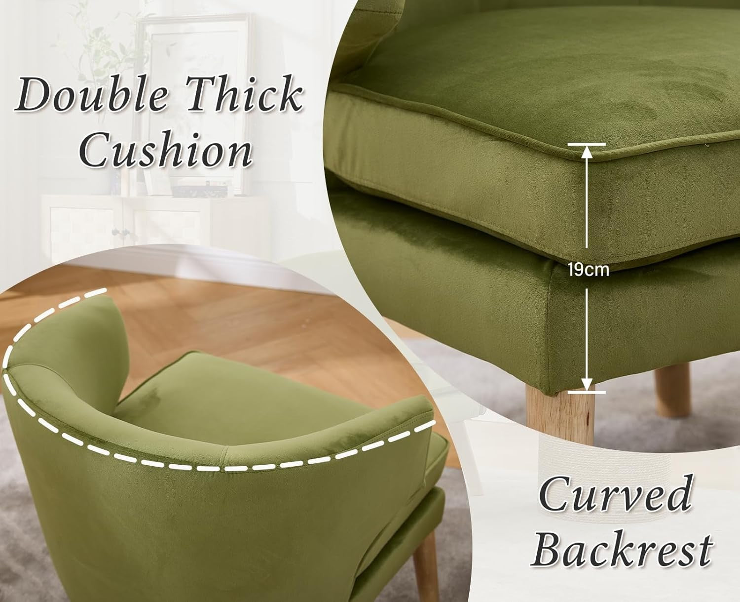 Green Velvet Tub Chair Wooden Legs Lounge Armchair for Bedroom Living Room