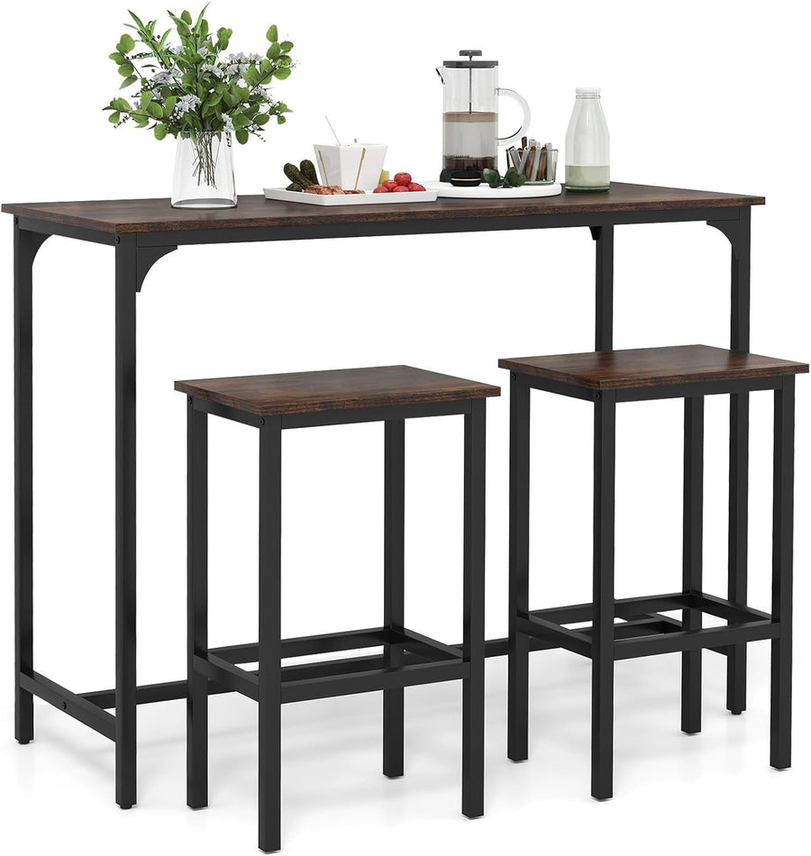 3 Piece Bar Table Set 2 Stools Space Saving Counter Height Dining Coffee Black