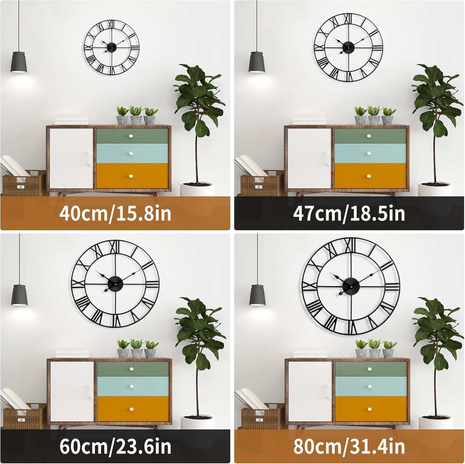 80cm Large Silent Metal Wall Clock Roman Numerals Art Deco Vintage Black