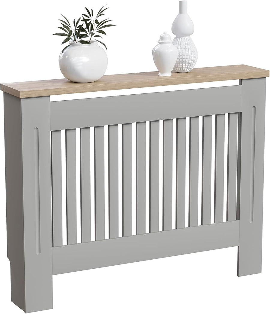 Medium Olive Grey Radiator Cover Cabinet MDF Slatted Grill with Wood Top Shelf