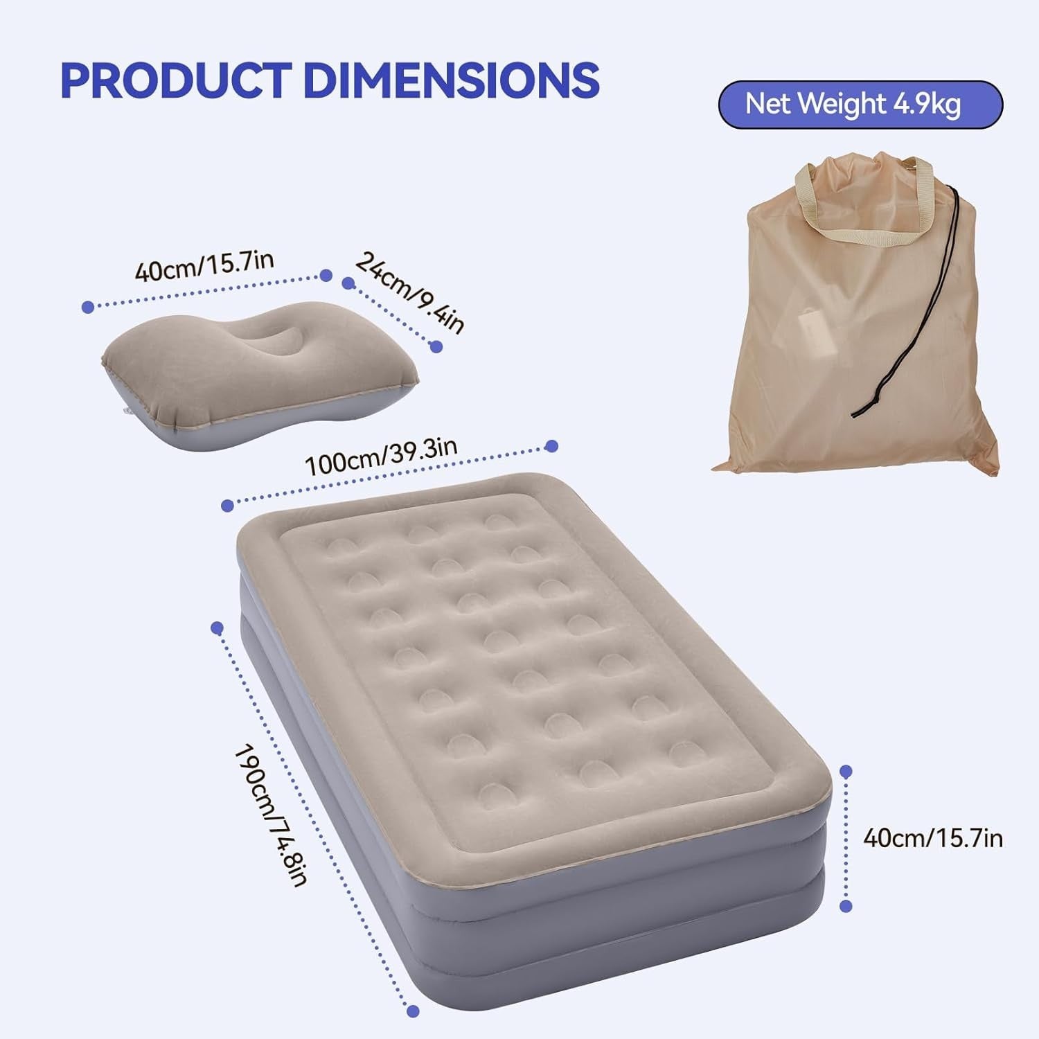 Single Inflatable Air Mattress with Built-In Pump – Quick Setup, 40cm Elevated C