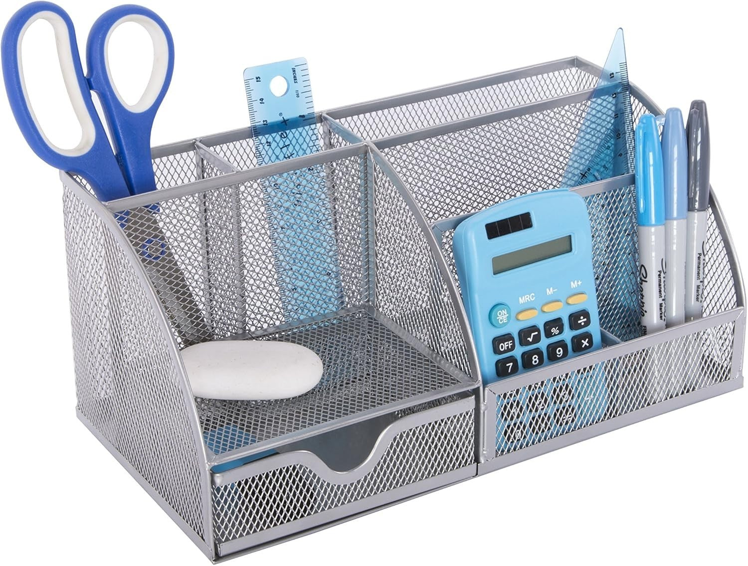 Metal Desk Organiser with 7 Compartments & Drawer – Silver 6-Pack