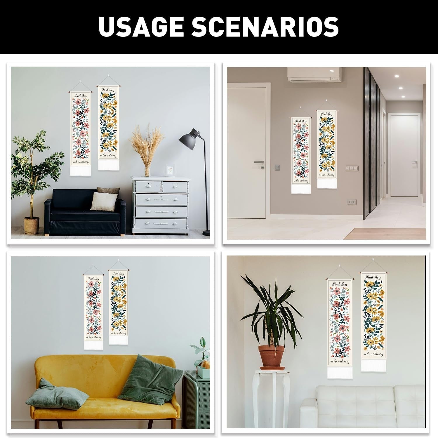 2-Pack Boho Pink & Yellow Floral Tapestry 52"x13" Vertical Decor