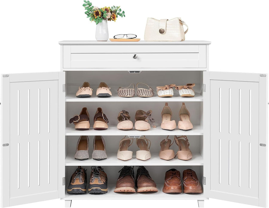 White Wooden Shoe Cabinet with Drawer & Adjustable Shelves for Hallway