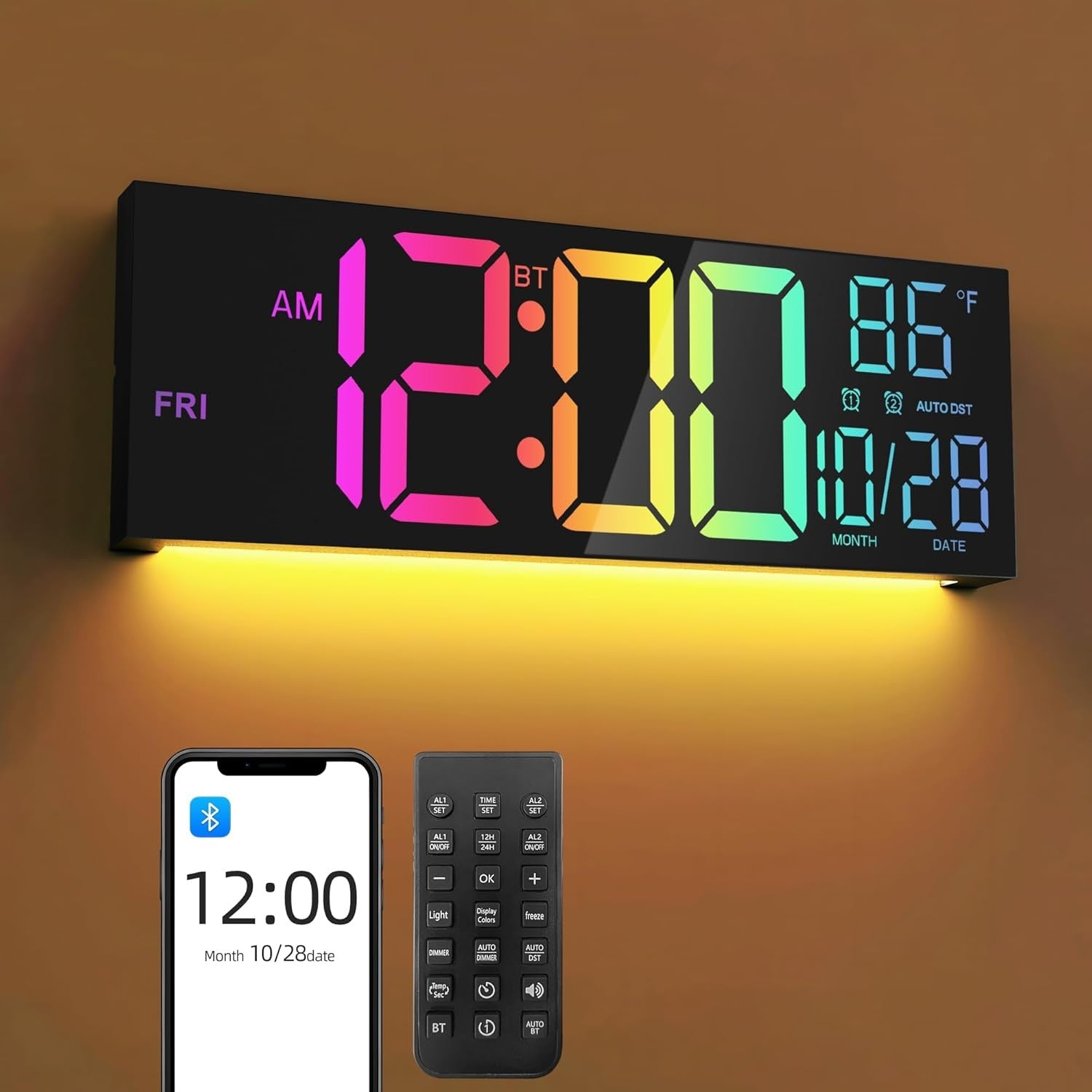 16.5" Large Digital Wall Clock RGB LED Display Temp Date Alarms Remote Sync