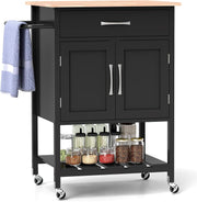 Black Rolling Kitchen Island Cart Rubber Wood Top Cabinet