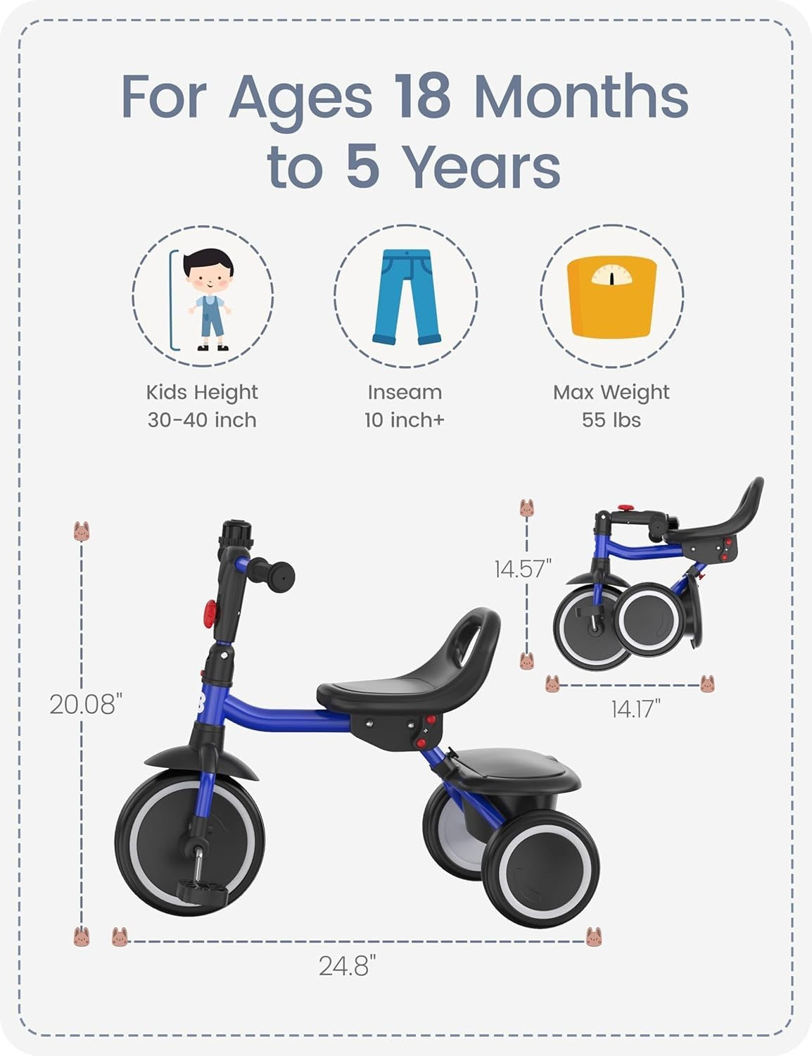 Kids Tricycle Toddler Trike Foldable Ride On Bike Blue Age 18M-5Y