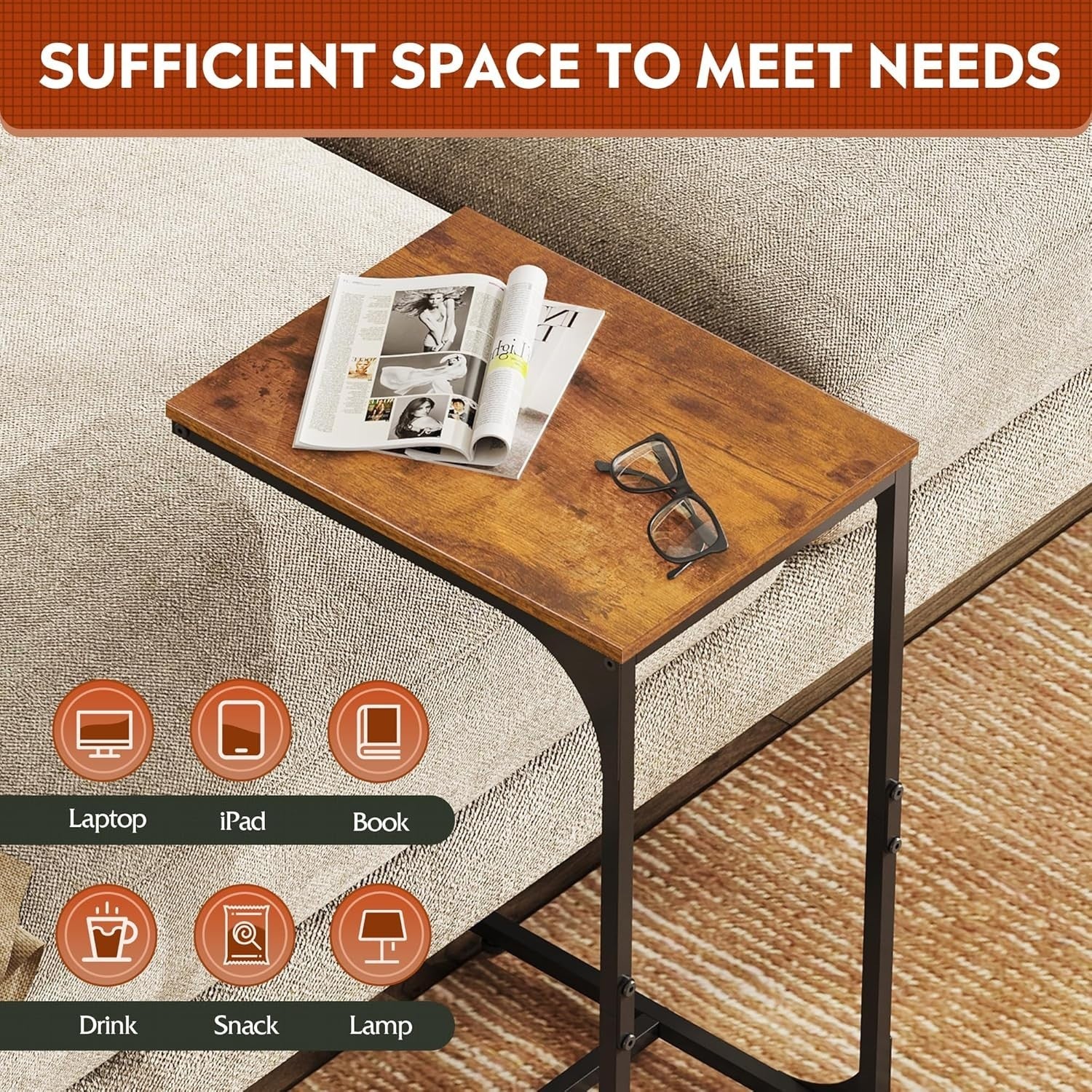Slim C Shaped Side Table Sofa Bed Laptop Snack Coffee Table 40x30x62cm