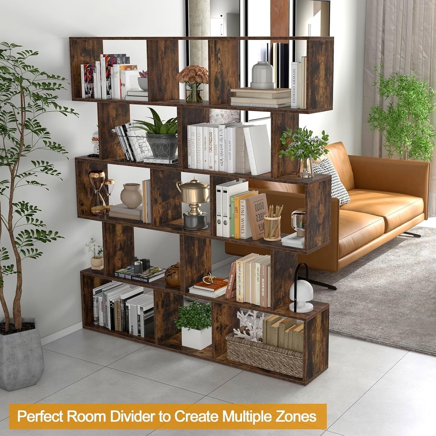 S Shaped 5 Tier Wooden Bookcase Freestanding Display Storage Shelf Rustic Brown