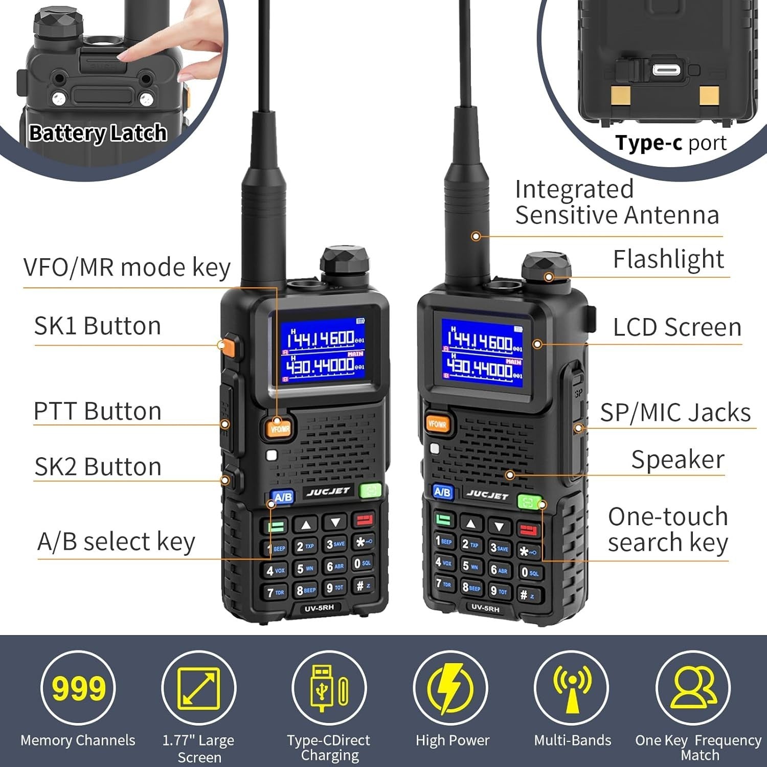 Long Range Dual Band Walkie Talkie 2 Pack 999CH NOAA Type-C Radio