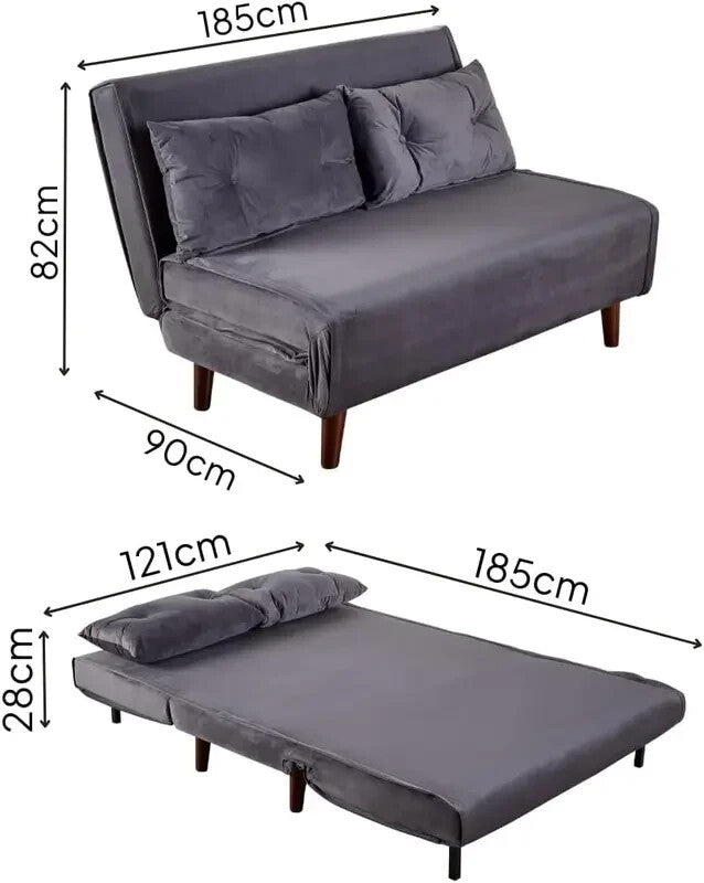 Grey Velvet Double Sofa Bed Chair with Pillows Folding Guest Sleeper