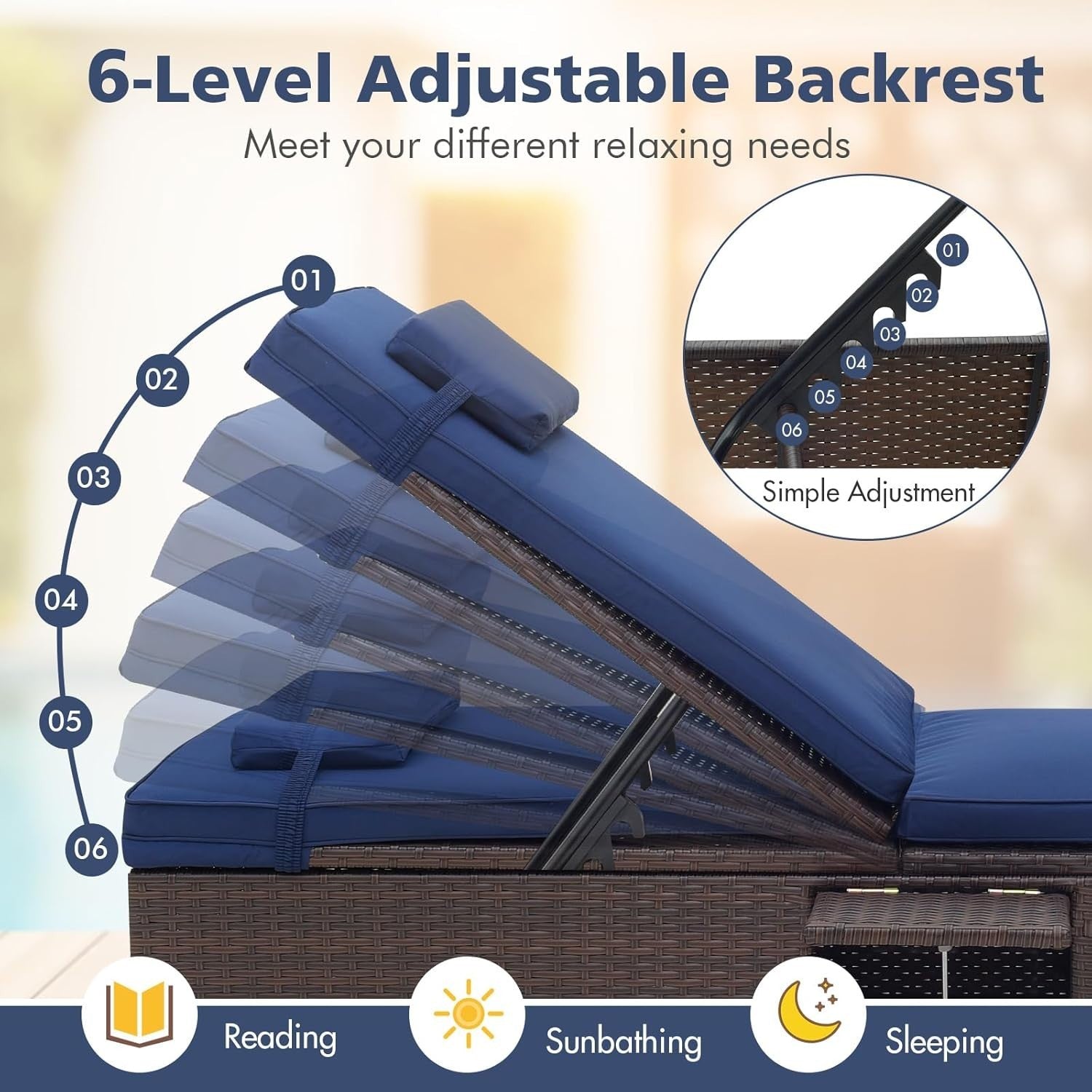 6-Level Adjustable Rattan Sun Lounger with Folding Table & Cushions, Navy Blue