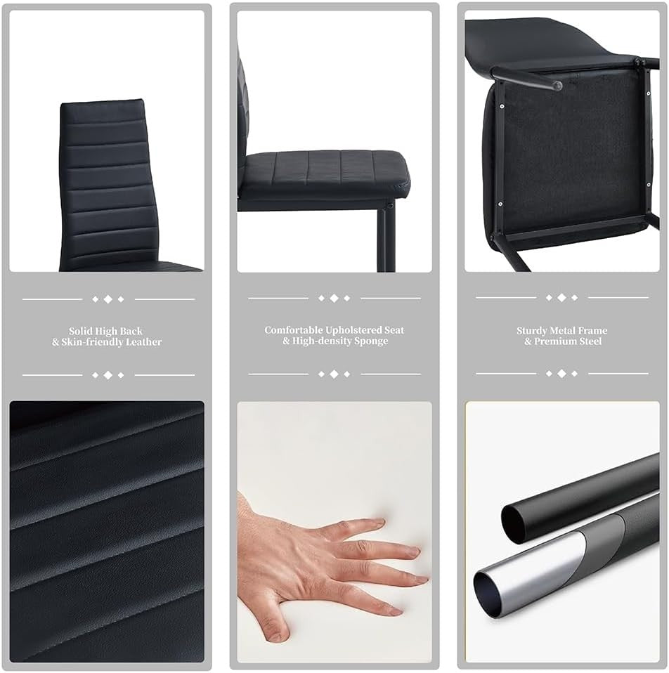 Black Glass Dining Table and 4 Faux Leather Chairs Set 120x70x75cm