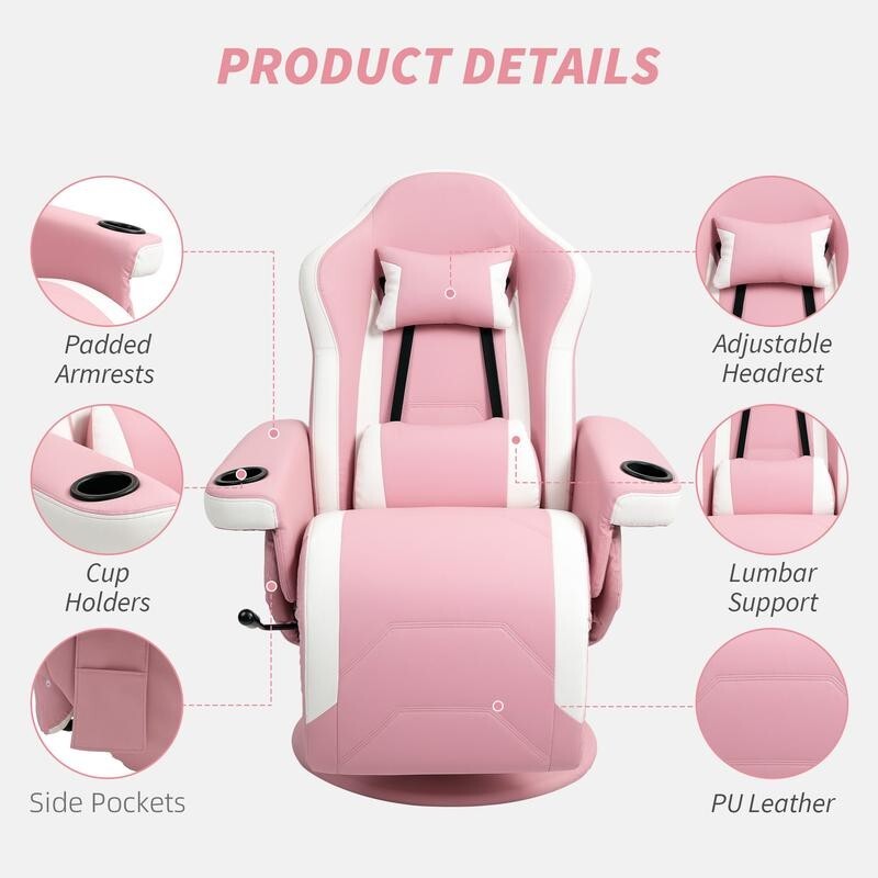 Pink Gaming Recliner Chair 360° Swivel PU Leather Seat w/ Footrest & Cups