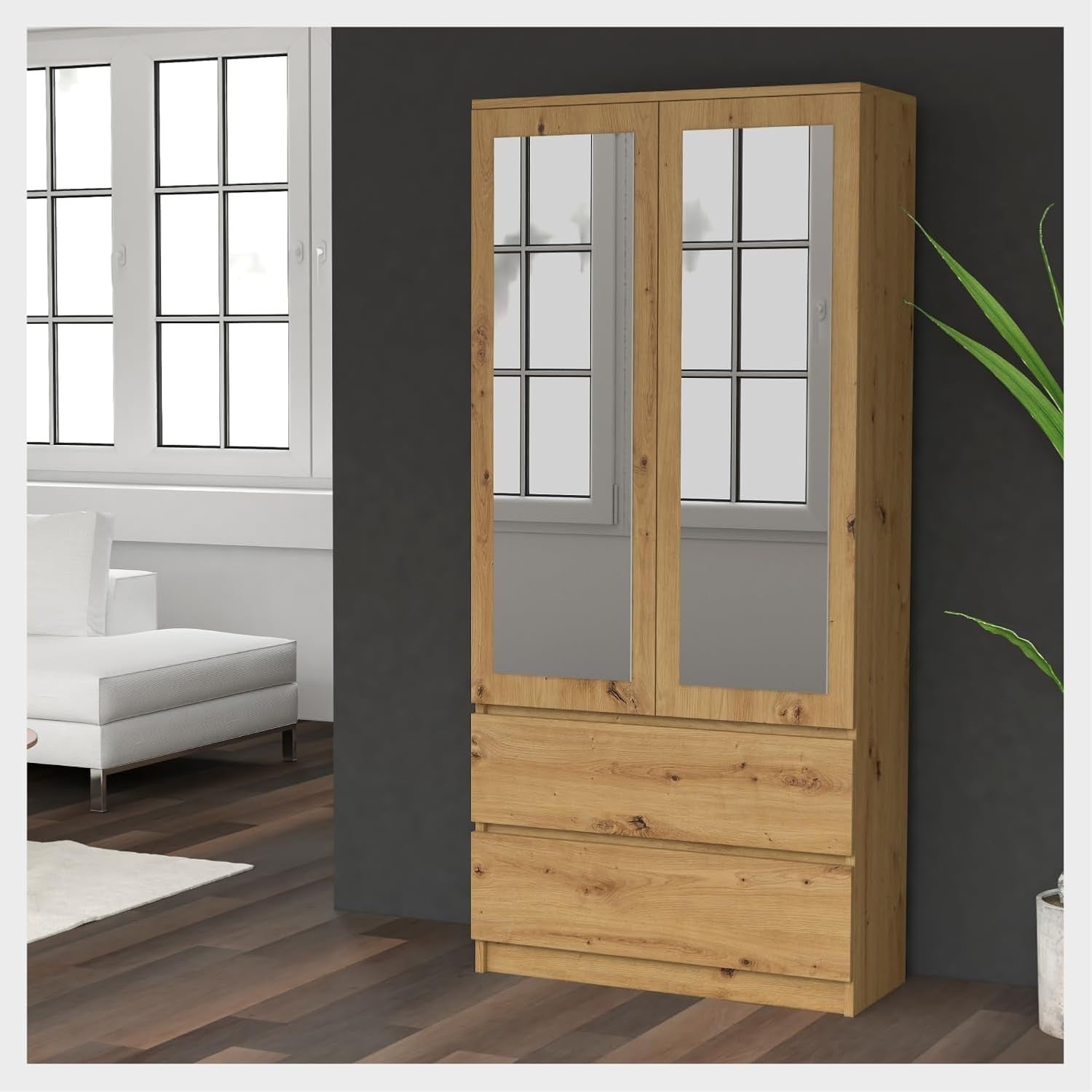 Modern Mirrored Double Wardrobe with Drawers – Oak Finish 2 Door