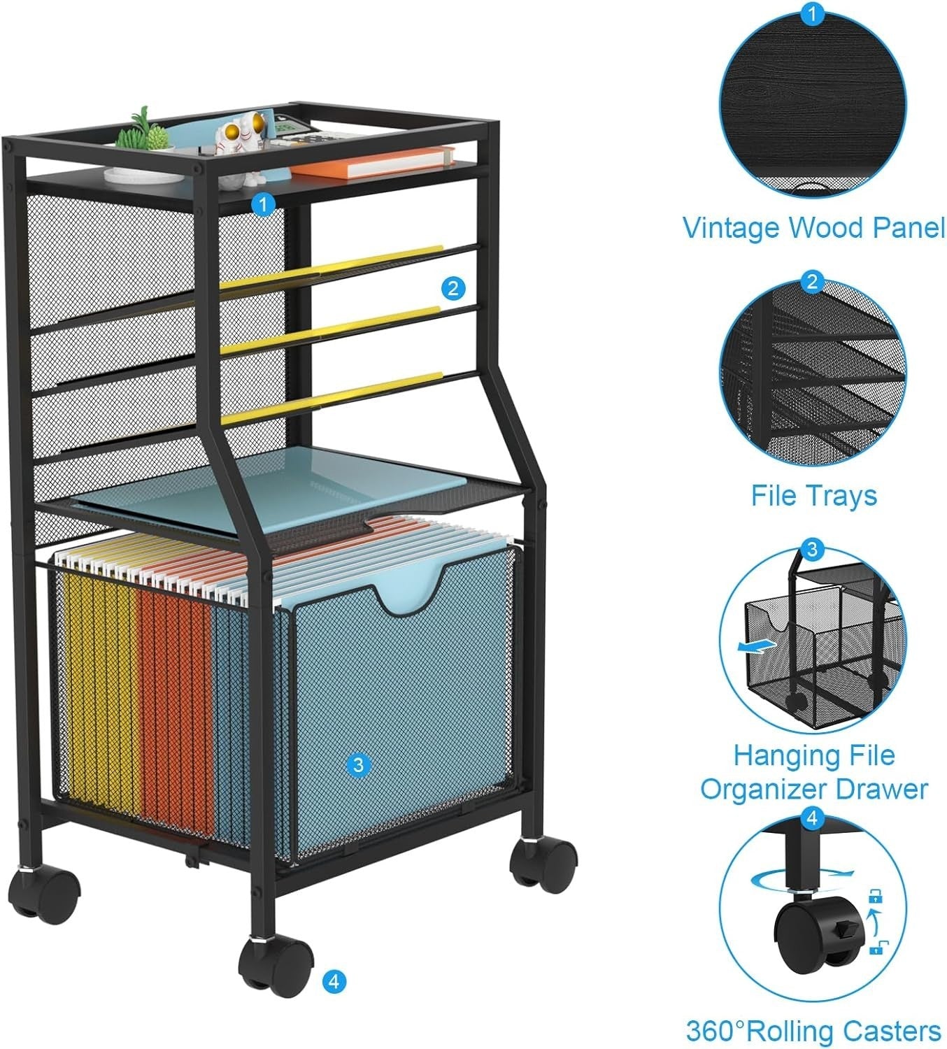 Rolling File Cart Under Desk 6 Tier Storage Organiser w Wheels Drawer
