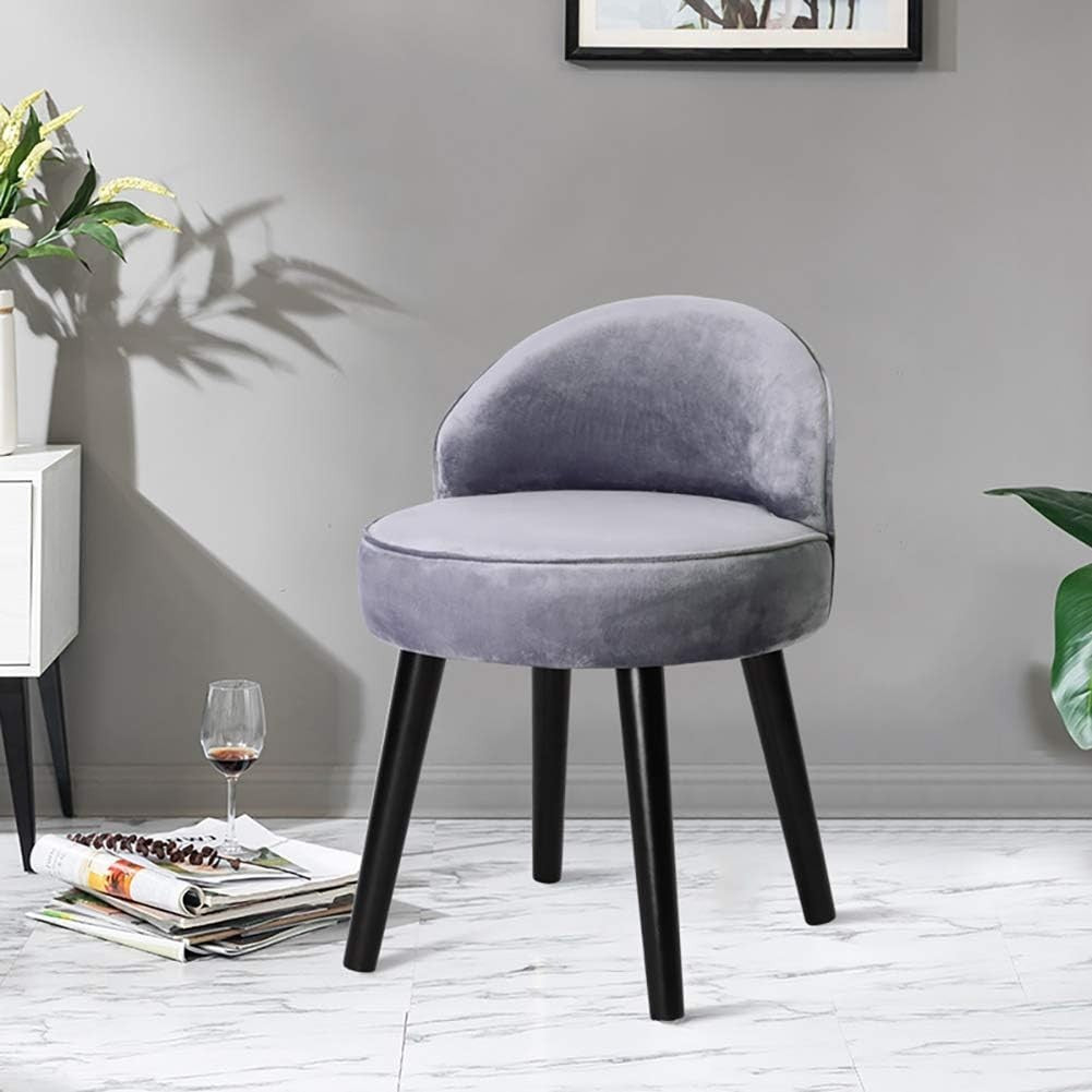 Light Grey Velvet Low Back Ottoman Dressing Table Stool with Wooden Legs