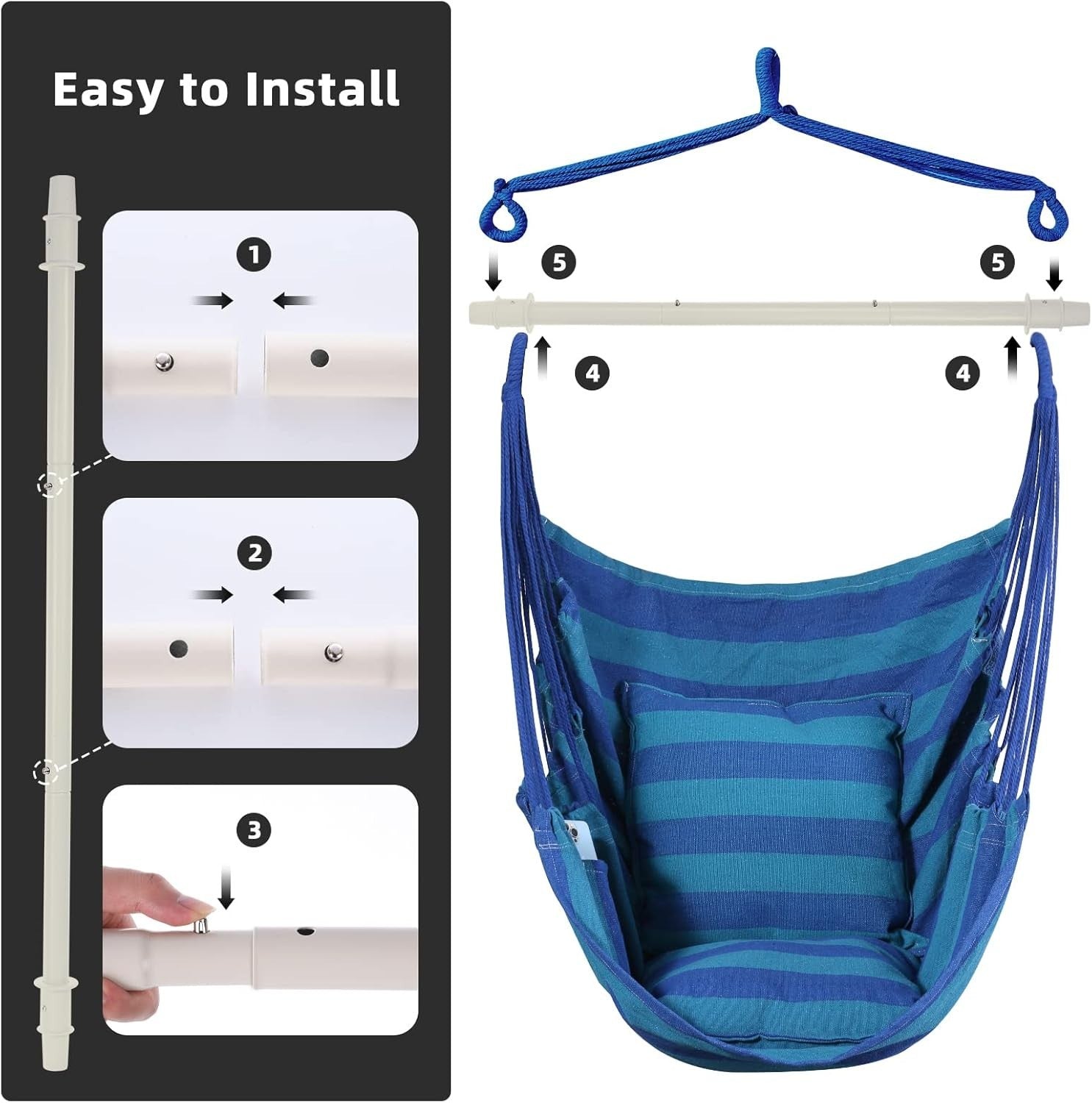 Hammock Chair Swing w/ Cushions, Support Bar & Bag | Indoor Outdoor 150kg