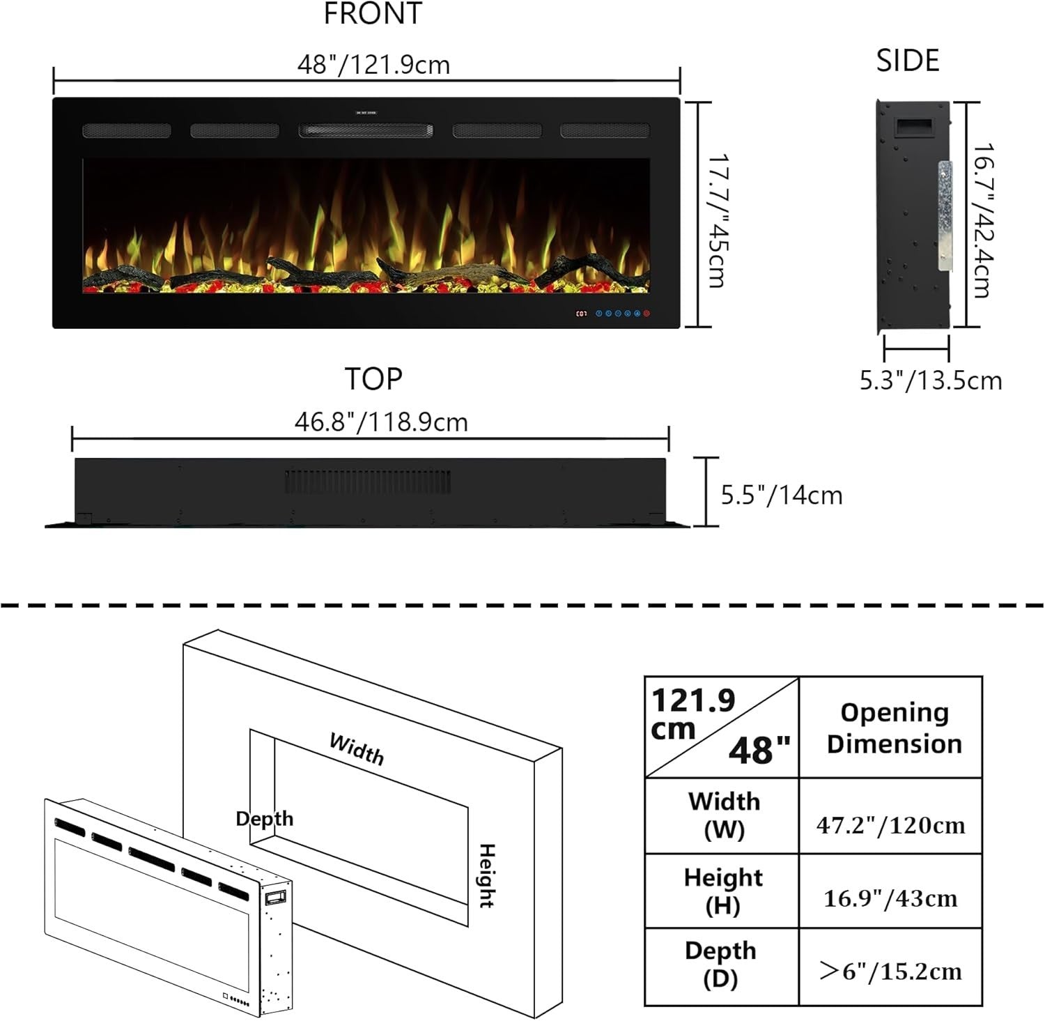 122cm WiFi Electric Fireplace Insert Recessed Wall Mount, Adjustable Flame