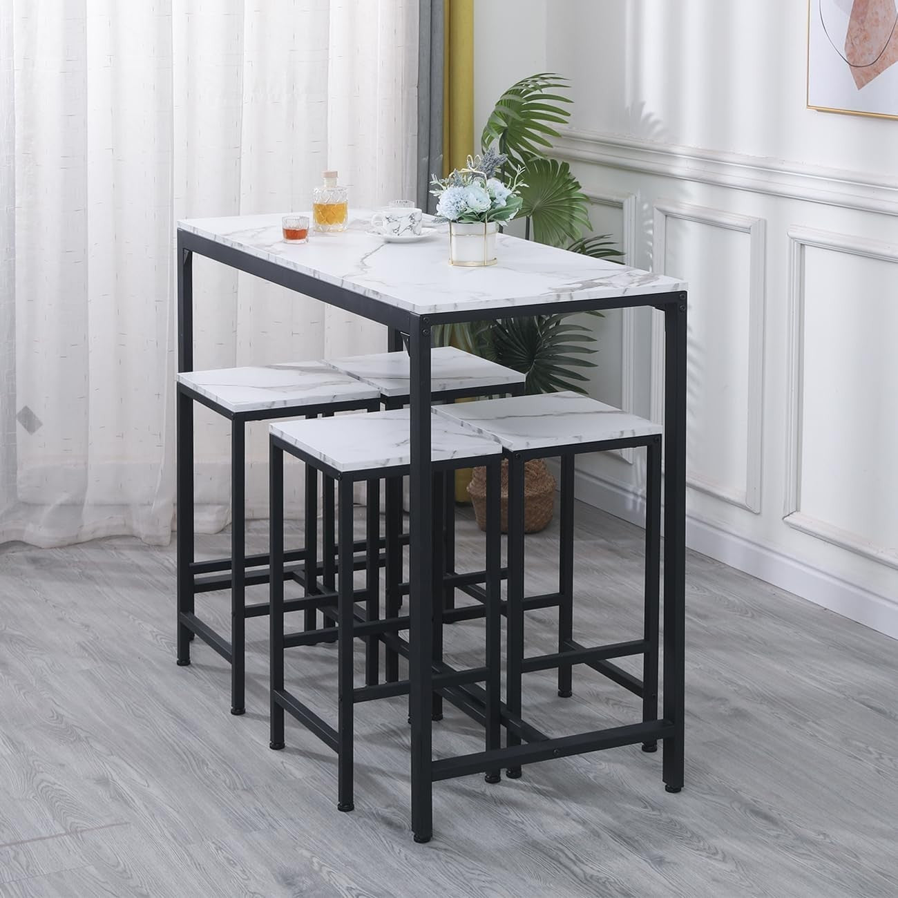 5Pcs Bar Table Set with 4 Stools White Marble Top Dining Kitchen Unit Furniture