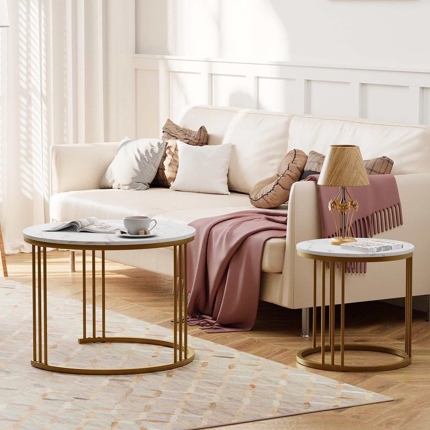 Gold Round Nesting Coffee Table Set Modern End Side Accent Living Room Furniture