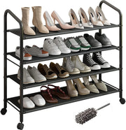 4-Tier Rolling Shoe Rack with Waterproof Fabric Shelves & Locking Wheels