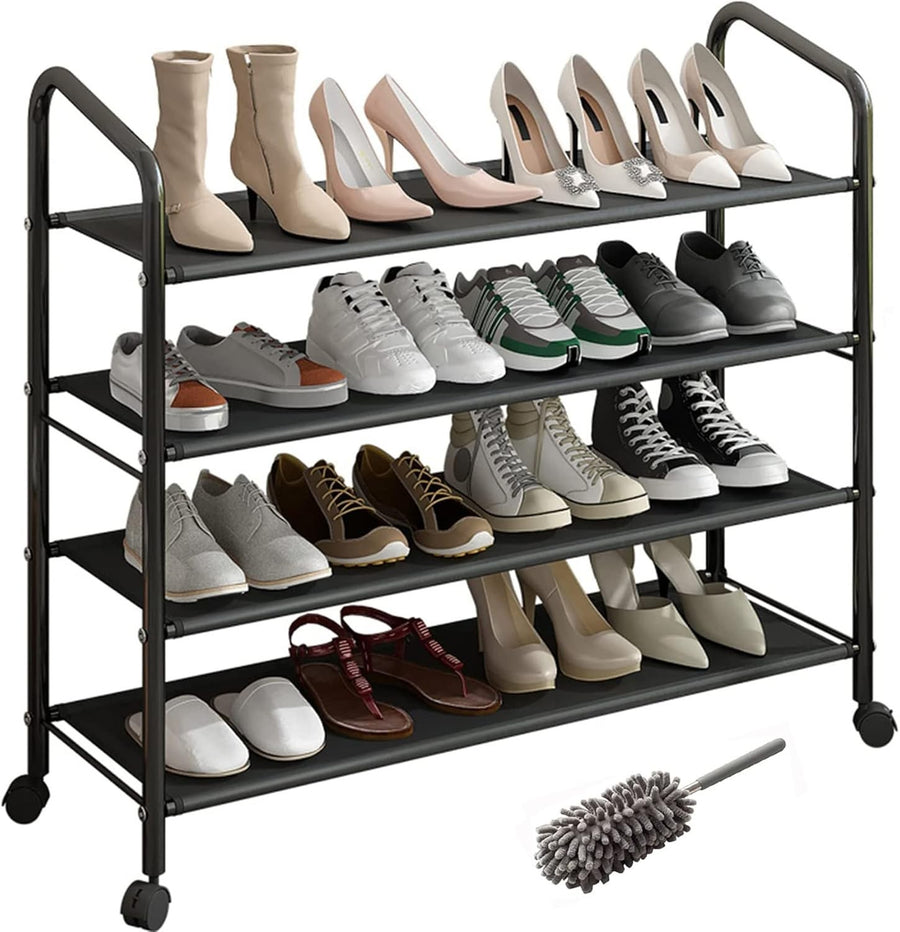 4-Tier Rolling Shoe Rack with Waterproof Fabric Shelves & Locking Wheels