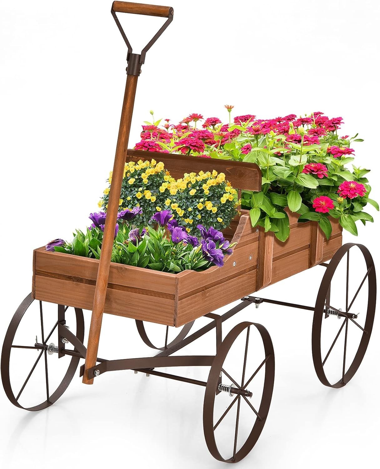 4-Wheel Wooden Garden Wagon & Brown Planter Cart w/ Handle for Outdoor Plants