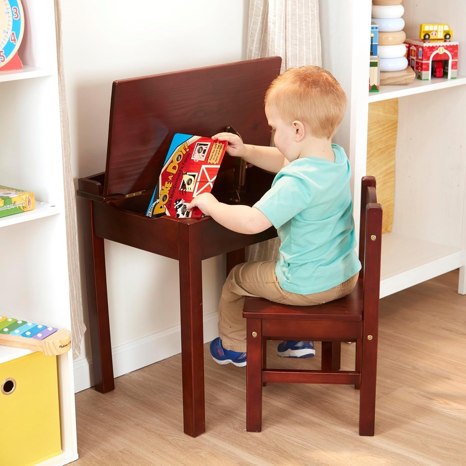 Kids Wooden Lift-Top Desk & Chair Set, Espresso, Compact 30.5x57cm