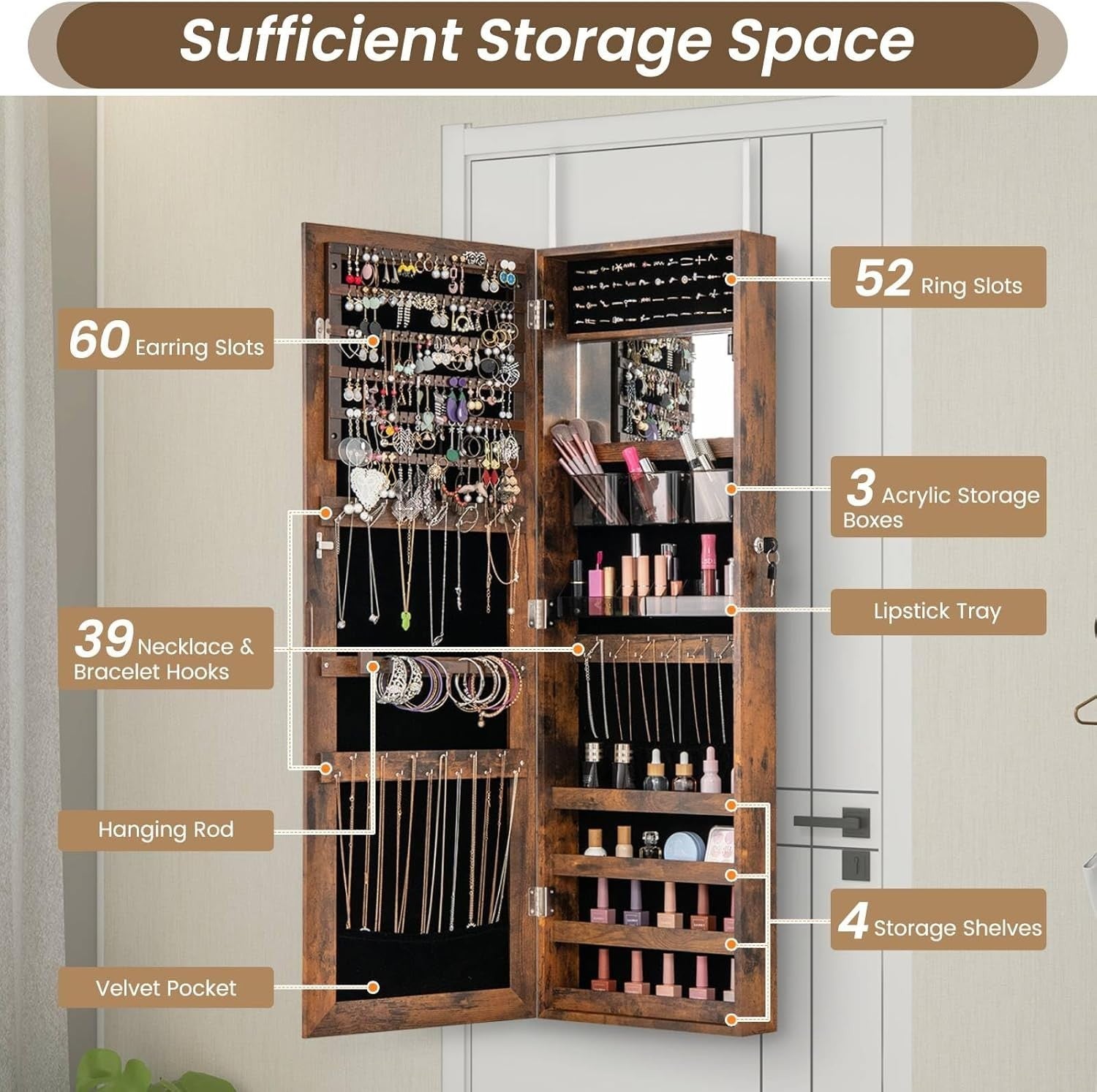 Rustic Brown Mirrored Jewelry Cabinet Wall Mount Lockable Slim Storage