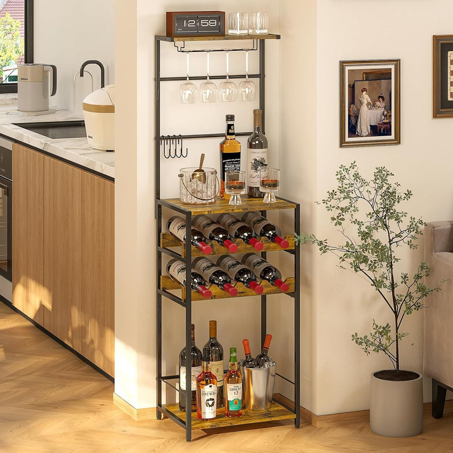 5-Tier Wine Rack with Glass Holder & Hooks, Freestanding Bar Cabinet