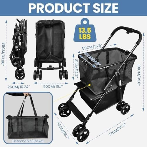 Folding Shopping Cart 80lb Collapsible Two Tier Swivel Wheel Trolley