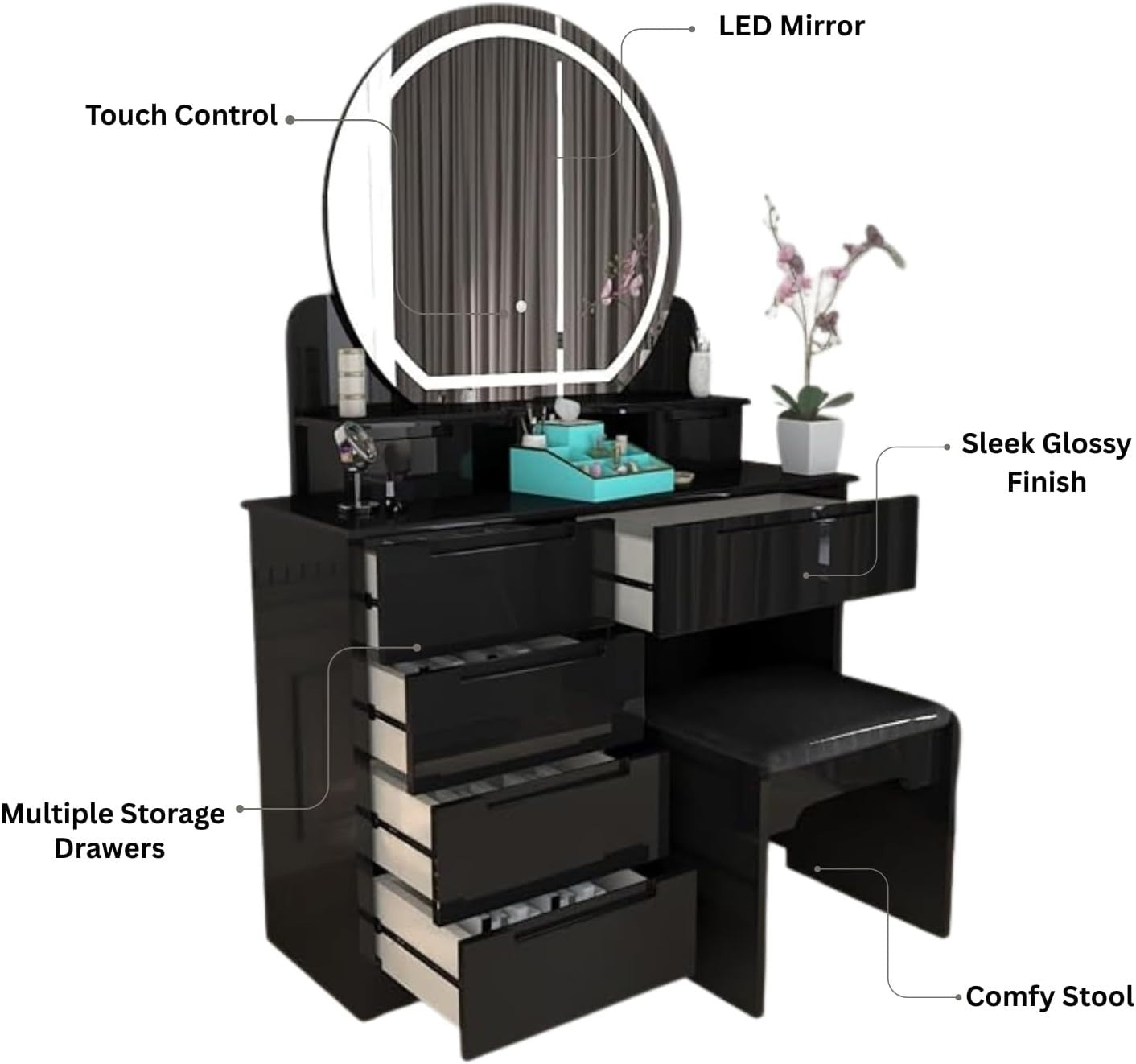 Modern Black High Gloss Dressing Table 5 Drawer Makeup Vanity Dresser Set