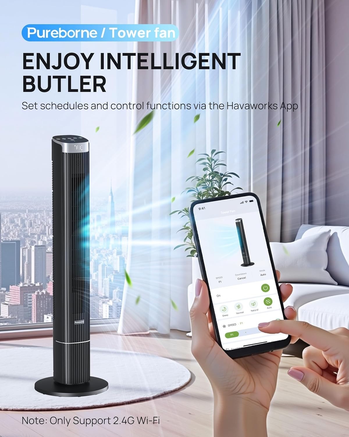 42" Smart Tower Fan with Remote & WiFi App Control 50W Quiet Cooling – Black