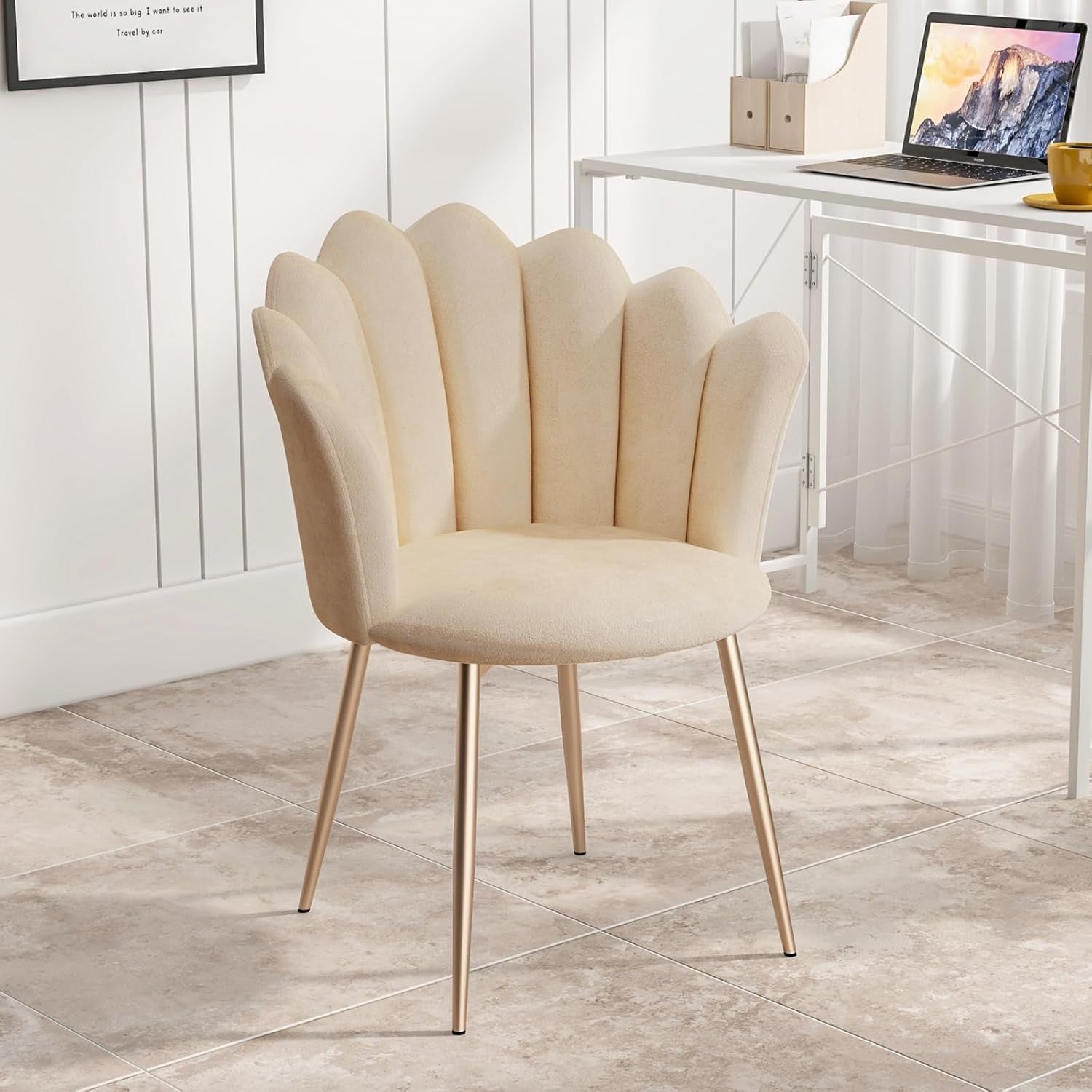 Velvet Vanity Chair Shell Back Gold Metal Legs Beige