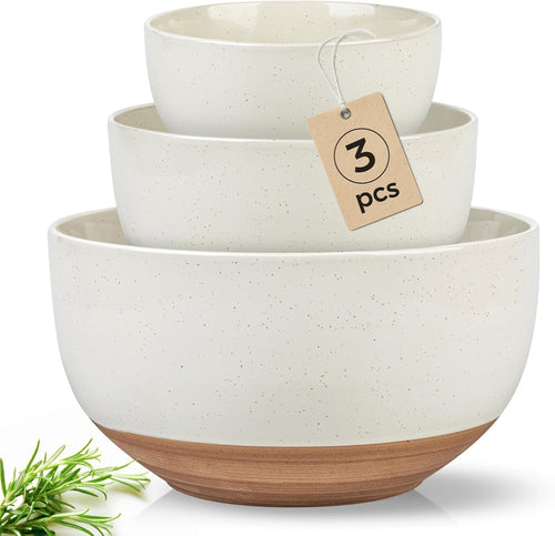 3-Piece Light Beige Ceramic Mixing Bowls Set Nesting Microwave & Dishwasher Safe