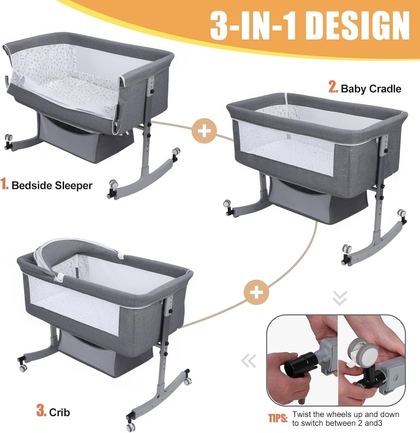 3in1 Baby Crib Bassinet Adjustable Travel Cot with Mattress & Storage Grey A