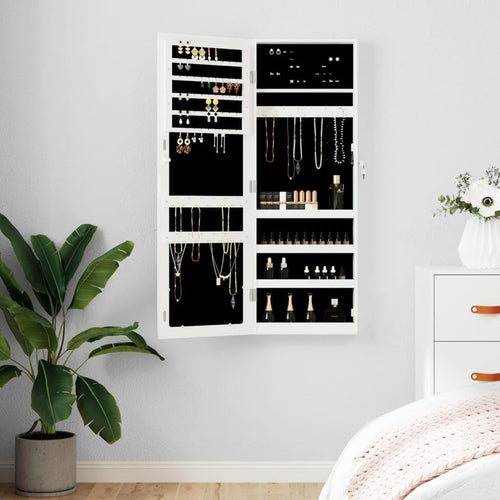 Slim Wall Mounted Jewelry Cabinet with Mirror Lockable Storage White